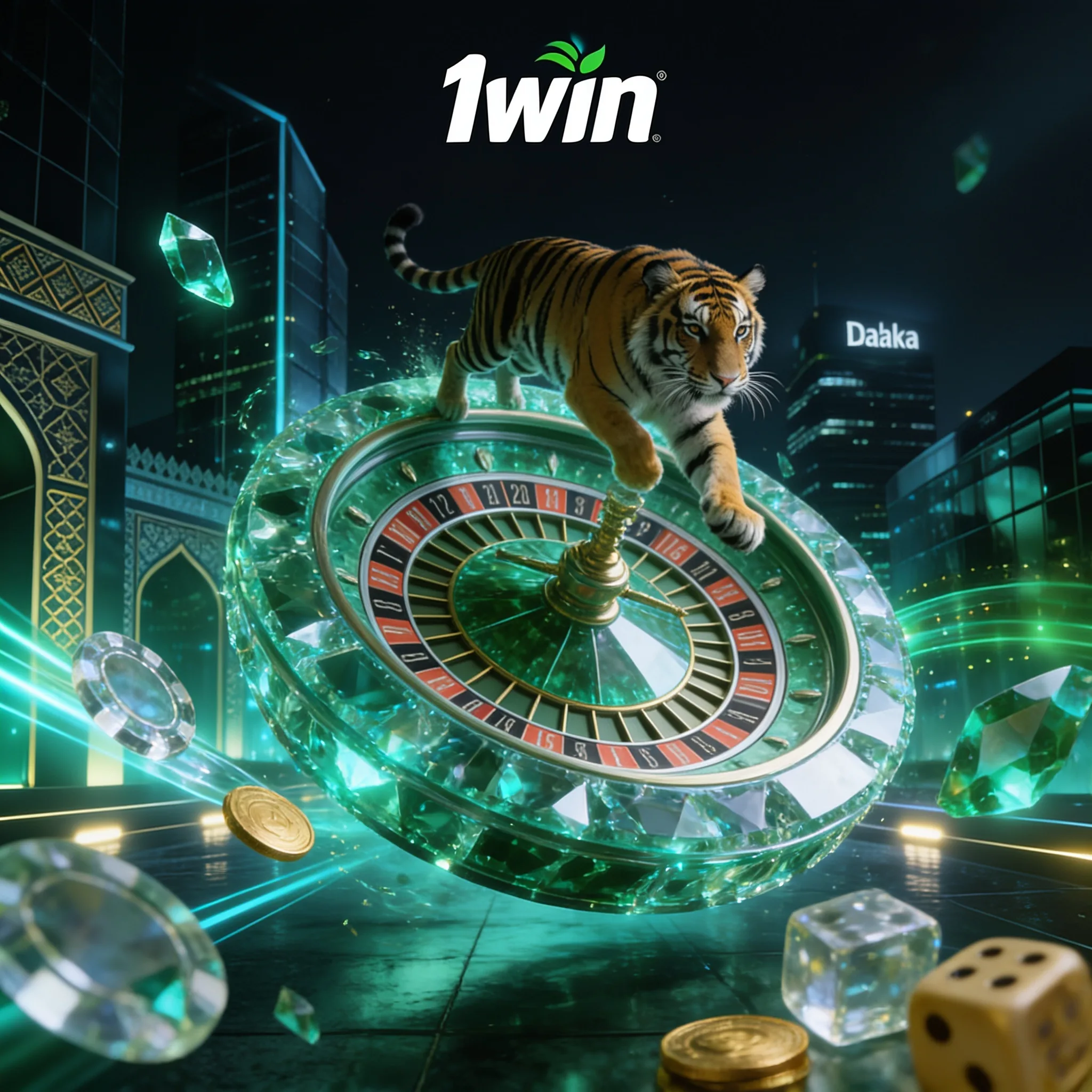 Tiger beside a roulette wheel in a 1win casino scene