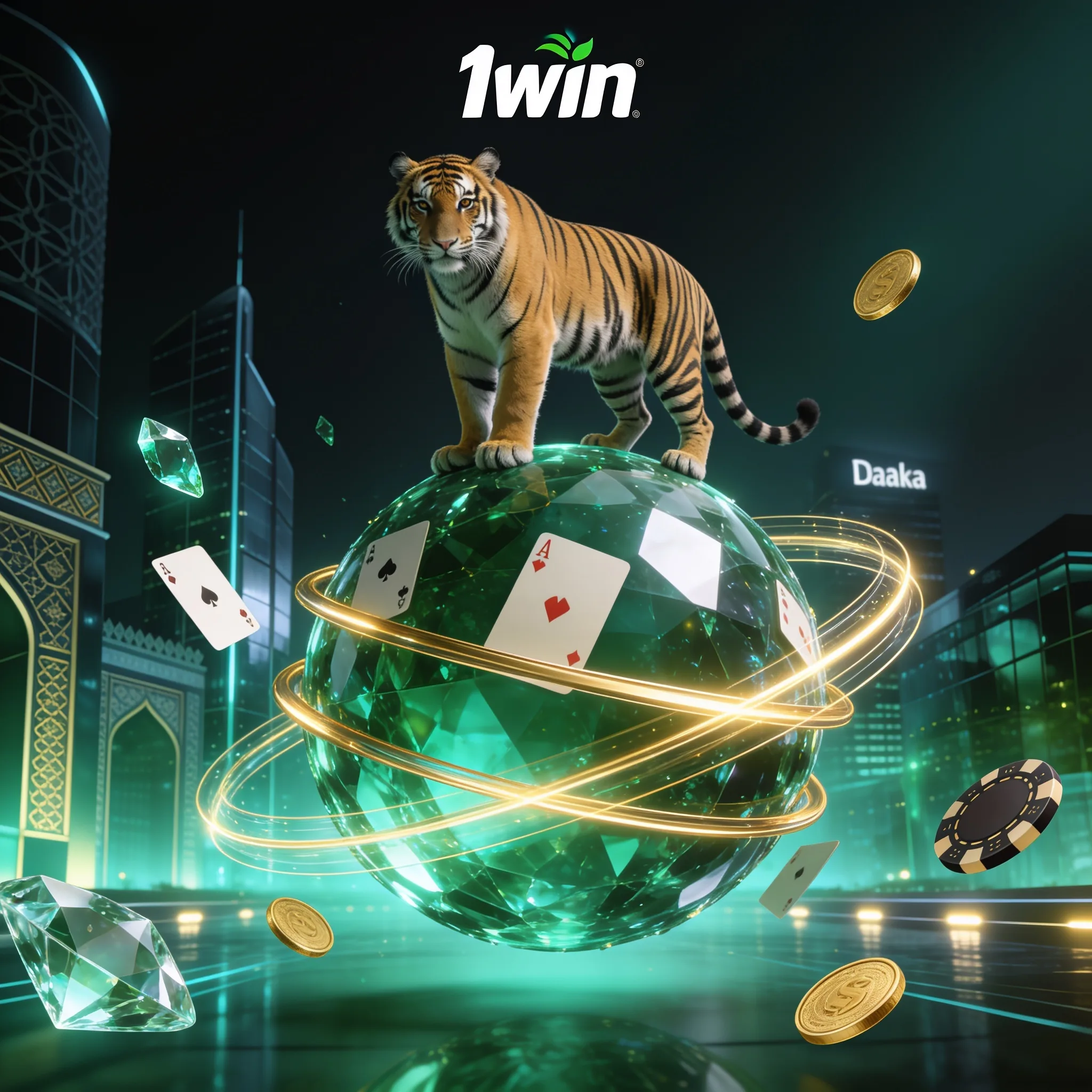Tiger with playing cards and chips in a 1win table-games scene