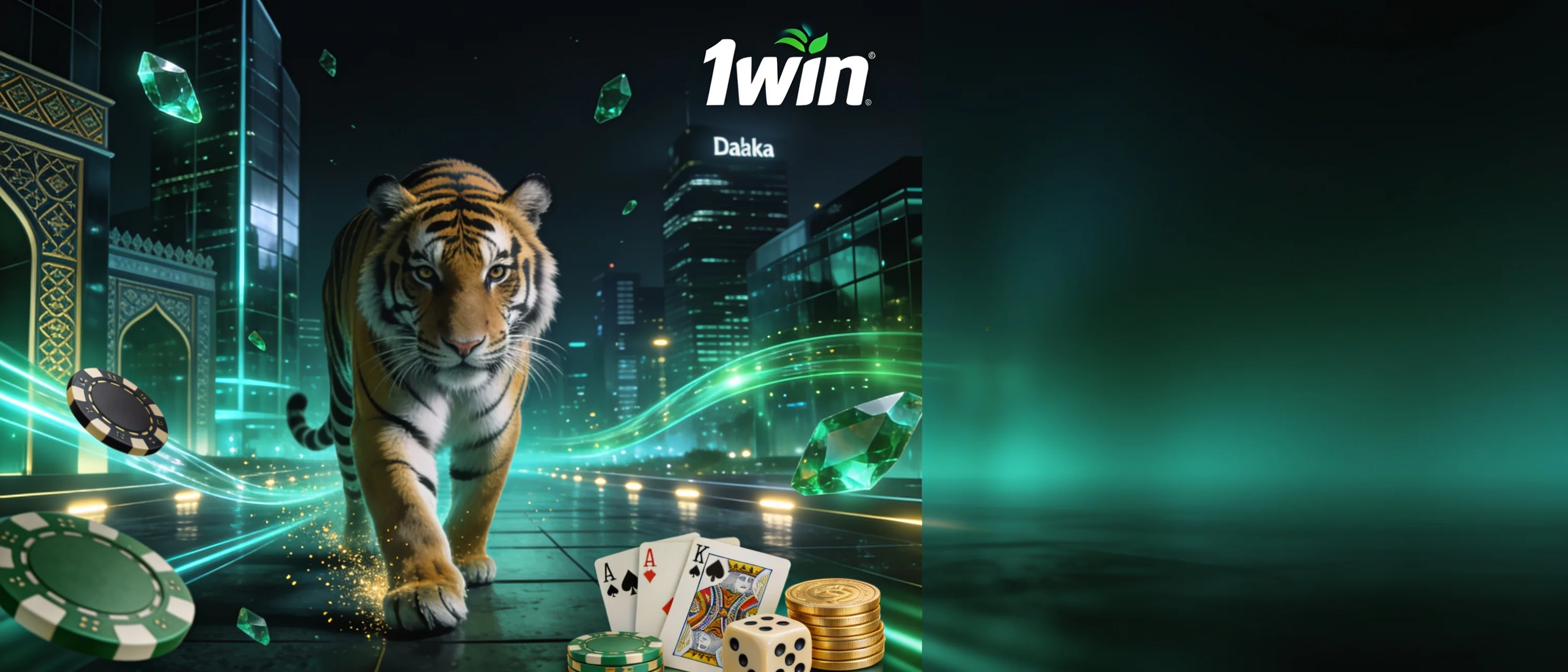 Tiger, playing cards and roulette in a 1win scene